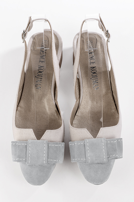 Pearl grey and pure white women's open back shoes, with a knot. Round toe. Low flare heels. Top view - Florence KOOIJMAN